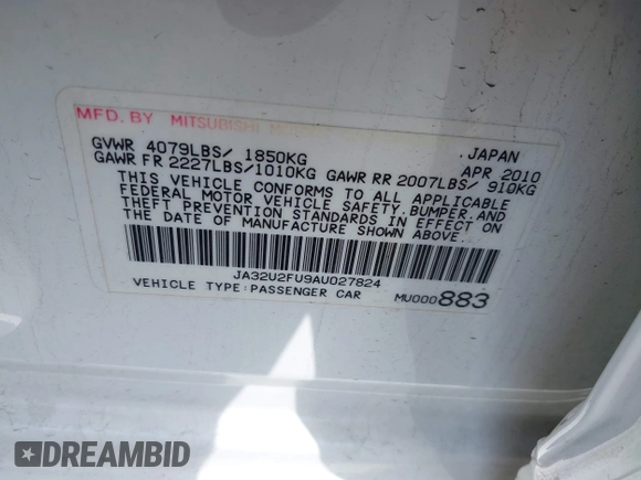 2010 Mitsubishi Lancer ES z VIN JA32U2FU9AU027824, wystawiony jako IAAI lot #41992311 z przebiegiem 239 422 mil mil oraz . Historia ofert i sprzedaży dostępna na DreamBid. Obrazek 9.