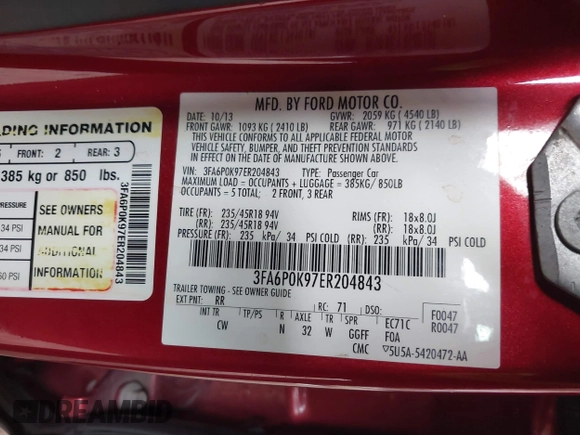 2014 Ford Fusion Titanium with VIN 3FA6P0K97ER204843, listed as a IAAI auction lot 41614434 with 110,165 mi miles. Bid and sale history available at carsss.com. Image 9.