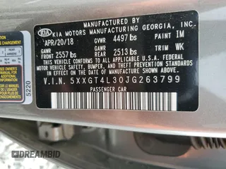 2018 Kia Optima LX z VIN 5XXGT4L30JG263799, wystawiony jako Copart lot #55140215 z przebiegiem 41 982 mil mil oraz Szkoda całkowita • Salvage title. Historia ofert i sprzedaży dostępna na DreamBid. Obrazek 13.