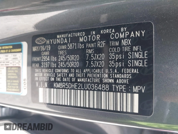 2020 Hyundai Palisade Limited z VIN KM8R5DHE2LU036488, wystawiony jako IAAI lot #42067059 z przebiegiem 54 067 mil mil oraz . Historia ofert i sprzedaży dostępna na DreamBid. Obrazek 9.