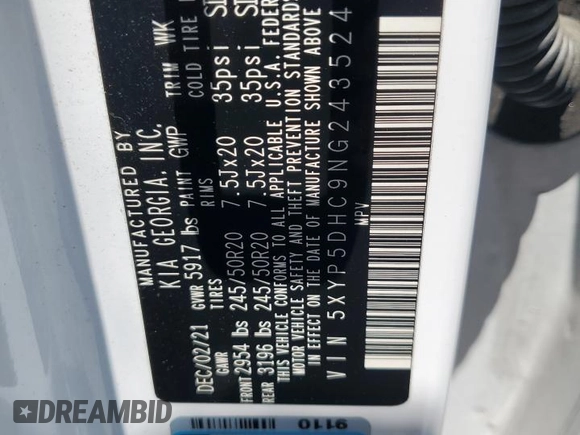 2022 Kia Telluride SX z VIN 5XYP5DHC9NG243524, wystawiony jako Copart lot #61284615 z przebiegiem 67 895 mil mil oraz Szkoda całkowita • Salvage title. Historia ofert i sprzedaży dostępna na DreamBid. Obrazek 13.
