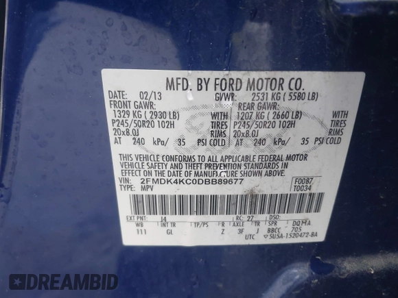 2013 Ford Edge Limited with VIN 2FMDK4KC0DBB89677, listed as a IAAI auction lot 41975024 with 163,324 mi miles. Bid and sale history available at carsss.com. Image 9.