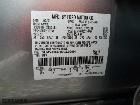 2022 Lincoln Aviator Black Label with VIN 5LM5J9XC1NGL00001, listed as a Copart auction lot 83459664 with 0 mi miles and Salvage Title. Bid and sale history available at carsss.com. Image 14.