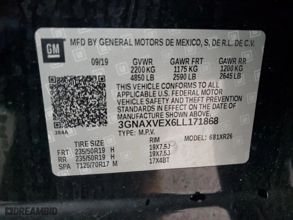 2020 Chevrolet Equinox LT with VIN 3GNAXVEX6LL171868, listed as a Copart auction lot 49568765 with 88,441 mi miles and Salvage Title. Bid and sale history available at carsss.com. Image 13.