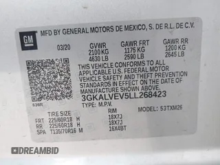 2020 GMC Terrain SLT with VIN 3GKALVEV5LL268423, listed as a IAAI auction lot 42077892 with 104,735 mi miles and . Bid and sale history available at DreamBid. Image 9.