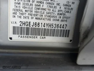 2000 Honda Civic VP with VIN 2HGEJ6614YH536447, listed as a Copart auction lot 46506085 with 302,724 mi miles and Salvage Title. Bid and sale history available at carsss.com. Image 12.