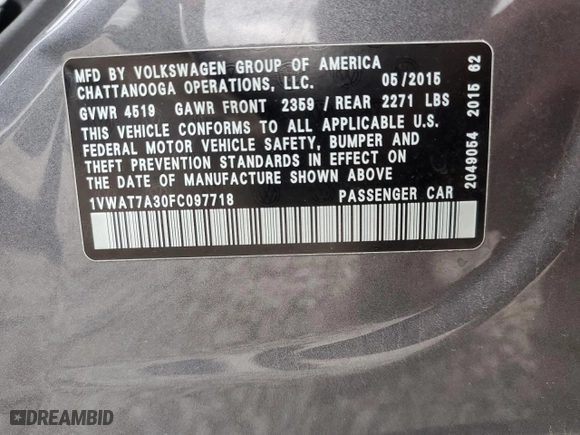 2015 Volkswagen Passat 1.8T Wolfsburg Ed with VIN 1VWAT7A30FC097718, listed as a Copart auction lot 44588395 with 145,760 mi miles and Salvage Title. Bid and sale history available at carsss.com. Image 12.