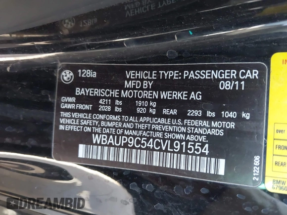 2012 BMW 1 Series 128i with VIN WBAUP9C54CVL91554, listed as a IAAI auction lot 41960036 with 111,434 mi miles and . Bid and sale history available at DreamBid. Image 9.