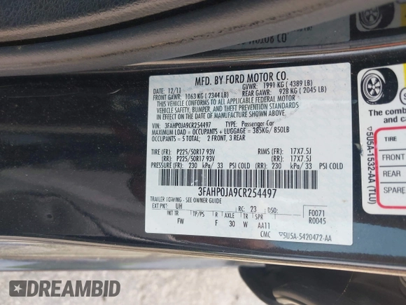 2012 Ford Fusion SEL with VIN 3FAHP0JA9CR254497, listed as a IAAI auction lot 42162710 with 120,214 mi miles and . Bid and sale history available at DreamBid. Image 9.