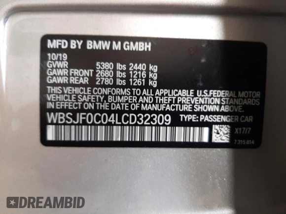 2020 BMW M5 Competition with VIN WBSJF0C04LCD32309, listed as a Copart auction lot 39242833 with 33,468 mi miles. Bid and sale history available at carsss.com. Image 13.