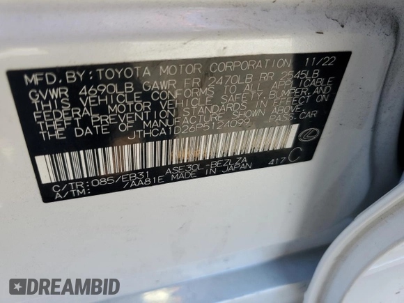 2023 Lexus IS 300 z VIN JTHCA1D26P5124099, wystawiony jako Copart lot #61334514 z przebiegiem 11 524 mil mil oraz Szkoda całkowita • Salvage title. Historia ofert i sprzedaży dostępna na DreamBid. Obrazek 12.