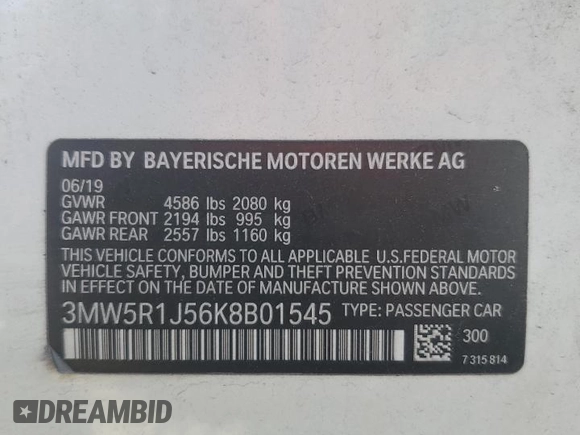 2019 BMW 3 Series 330i with VIN 3MW5R1J56K8B01545, listed as a Copart auction lot 82815374 with 52,655 mi miles and Salvage Title. Bid and sale history available at carsss.com. Image 12.
