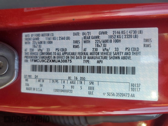 2021 Ford Escape SEL Hybrid с VIN 1FMCU9CZXMUA30875, выставлен на аукционе Copart как лот 62392275 с пробегом 55 778 миль миль и Списание • Salvage title. История ставок и продаж доступна на DreamBid. Изображение 13.