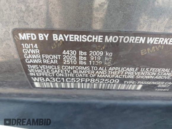 2015 BMW 3 Series 328i с VIN WBA3C1C52FP852509, выставлен на аукционе IAAI как лот 42164622 с пробегом Не указан миль и . История ставок и продаж доступна на DreamBid. Изображение 9.