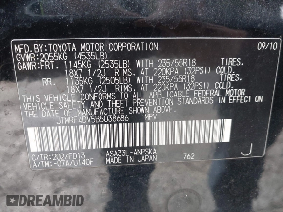 2011 Toyota RAV4 Sport with VIN JTMRF4DV5B5038686, listed as a IAAI auction lot 41485048 with 155,300 mi miles. Bid and sale history available at carsss.com. Image 9.