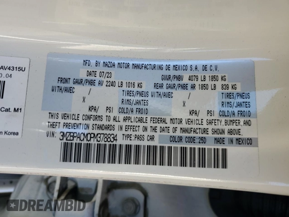 2023 Mazda 3 S Preferred with VIN 3MZBPACM0PM378834, listed as a Copart auction lot 47416865 with 9,194 mi miles and Salvage Title. Bid and sale history available at DreamBid. Image 12.