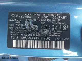 2016 Hyundai Tucson SE with VIN KM8J3CA43GU119562, listed as a IAAI auction lot 40950899 with 100,020 mi miles. Bid and sale history available at carsss.com. Image 9.