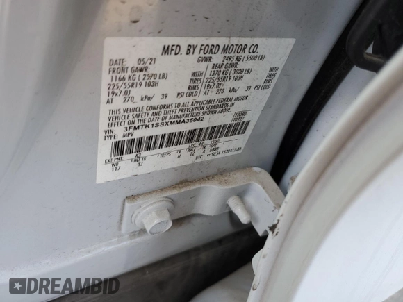 2021 Ford Mustang Mach-E Select with VIN 3FMTK1SSXMMA35042, listed as a Copart auction lot 54876345 with 35,995 mi miles and Salvage Title. Bid and sale history available at DreamBid. Image 13.