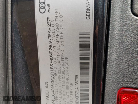 2018 Audi A5 Sportback Premium Plus with VIN WAUENCF57JA135769, listed as a Copart auction lot 55371443 with 44,353 mi miles. Bid and sale history available at carsss.com. Image 12.