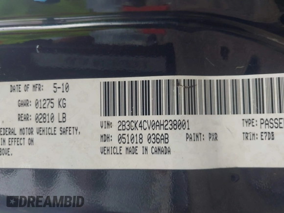 2010 Dodge Charger with VIN 2B3CK4CV0AH238001, listed as a IAAI auction lot 42449286 with 245,934 mi miles and . Bid and sale history available at DreamBid. Image 9.