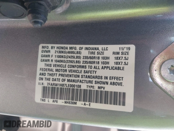 2020 Honda CR-V EX-L z VIN 7FARW1H87LE000108, wystawiony jako IAAI lot #41835381 z przebiegiem Nie podano mil oraz . Historia ofert i sprzedaży dostępna na DreamBid. Obrazek 9.