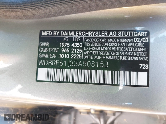 2003 Mercedes-Benz C 240 with VIN WDBRF61J33A508153, listed as a IAAI auction lot 42663657 with 86,573 mi miles and . Bid and sale history available at DreamBid. Image 9.