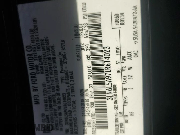 2020 Lincoln MKZ Standard z VIN 3LN6L5A97LR614023, wystawiony jako Copart lot #55066965 z przebiegiem 144 760 mil mil oraz Szkoda całkowita • Salvage title. Historia ofert i sprzedaży dostępna na DreamBid. Obrazek 12.