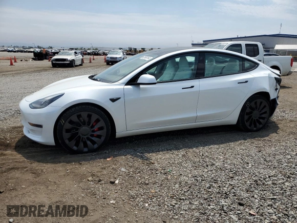 2023 Tesla Model 3 Performance with VIN 5YJ3E1EC5PF487845, listed as a Copart auction lot 62686164 with 4,938 mi miles and Salvage Title. Bid and sale history available at carsss.com. Image 1.