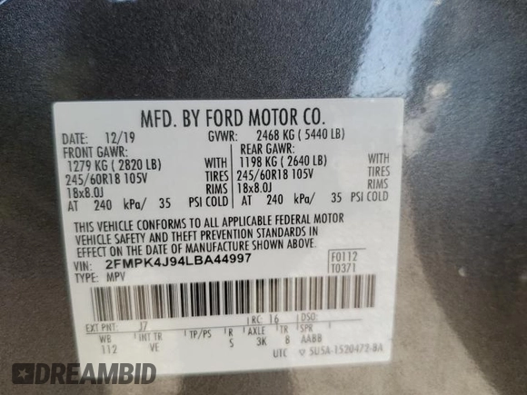 2020 Ford Edge SEL with VIN 2FMPK4J94LBA44997, listed as a Copart auction lot 57360895 with 69,212 mi miles and Salvage title. Bid and sale history available at DreamBid. Image 14.