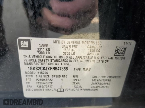 2015 GMC Yukon Denali with VIN 1GKS2CKJXFR547358, listed as a Copart auction lot 63906734 with 163,980 mi miles and Salvage Title. Bid and sale history available at carsss.com. Image 13.