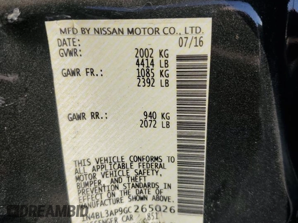 2016 Nissan Altima SL with VIN 1N4BL3AP9GC265026, listed as a Copart auction lot 53981365 with Not provided miles and Salvage title. Bid and sale history available at DreamBid. Image 12.
