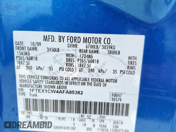 2010 Ford F-150 XL with VIN 1FTEX1CW4AFA85382, listed as a Copart auction lot 58778855 with 190,860 mi miles and Salvage title. Bid and sale history available at DreamBid. Image 13.