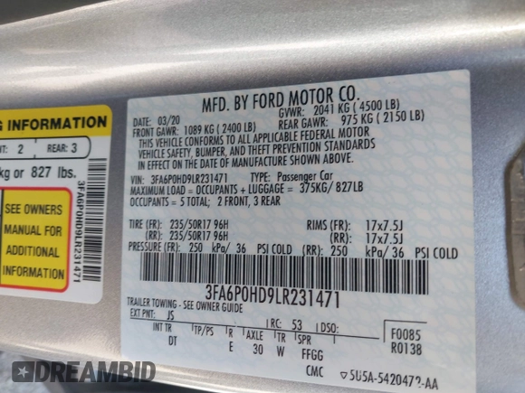 2020 Ford Fusion SE z VIN 3FA6P0HD9LR231471, wystawiony jako IAAI lot #41986473 z przebiegiem 58 587 mil mil oraz . Historia ofert i sprzedaży dostępna na DreamBid. Obrazek 9.