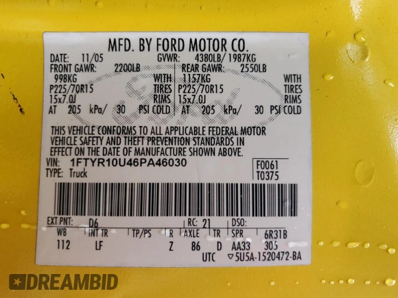2006 Ford Ranger XL with VIN 1FTYR10U46PA46030, listed as a Copart auction lot 53307885 with 122,484 mi miles and Salvage Title. Bid and sale history available at carsss.com. Image 13.