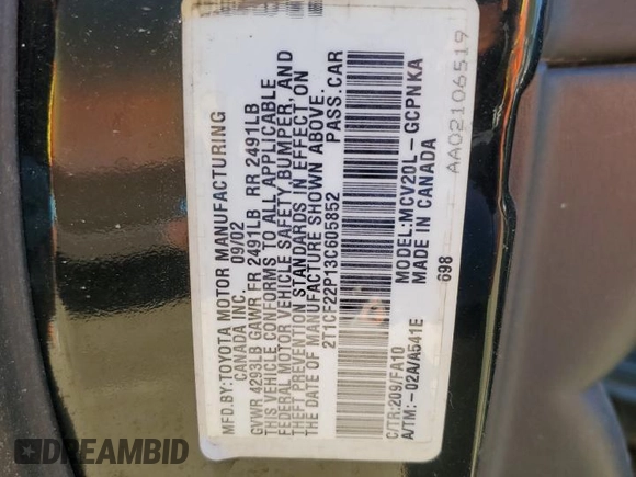 2003 Toyota Solara SE with VIN 2T1CF22P13C605852, listed as a Copart auction lot 53646145 with 92,835 mi miles and Salvage Title. Bid and sale history available at carsss.com. Image 12.