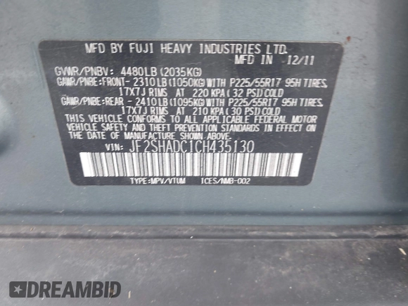 2012 Subaru Forester X Premium with VIN JF2SHADC1CH435130, listed as a IAAI auction lot 42684430 with 229,018 mi miles and . Bid and sale history available at DreamBid. Image 9.