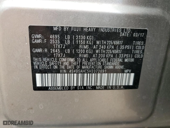 2017 Subaru Outback Premium with VIN 4S4BSAHC5H3372091, listed as a Copart auction lot 66867314 with 95,315 mi miles and Salvage Title. Bid and sale history available at carsss.com. Image 13.
