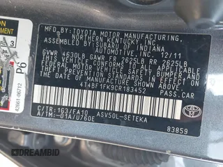 2012 Toyota Camry L with VIN 4T4BF1FK9CR183452, listed as a IAAI auction lot 41442368 with 231,965 mi miles and . Bid and sale history available at carsss.com. Image 9.