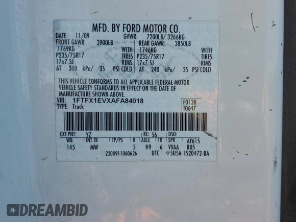 2010 Ford F-150 XL with VIN 1FTFX1EVXAFA84018, listed as a Copart auction lot 59456813 with 0 mi miles and Clean Title. Bid and sale history available at carsss.com. Image 12.