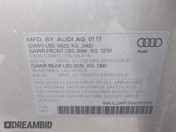 2017 Audi Q5 Premium Plus z VIN WA1L2AFP7HA095898, wystawiony jako IAAI lot #41886892 z przebiegiem 90 175 mil mil oraz . Historia ofert i sprzedaży dostępna na DreamBid. Obrazek 9.