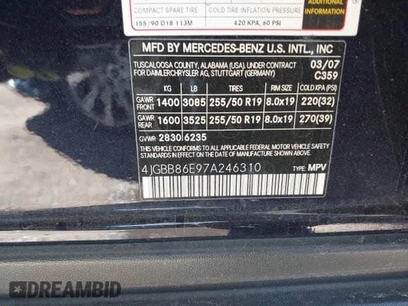 2007 Mercedes-Benz M 350 with VIN 4JGBB86E97A246310, listed as a IAAI auction lot 41625537 with 124,293 mi miles and . Bid and sale history available at DreamBid. Image 9.