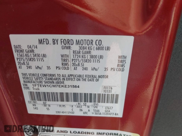 2014 Ford F-150 XL with VIN 1FTEW1CM7EKE31584, listed as a IAAI auction lot 42647537 with 151,520 mi miles and . Bid and sale history available at DreamBid. Image 9.