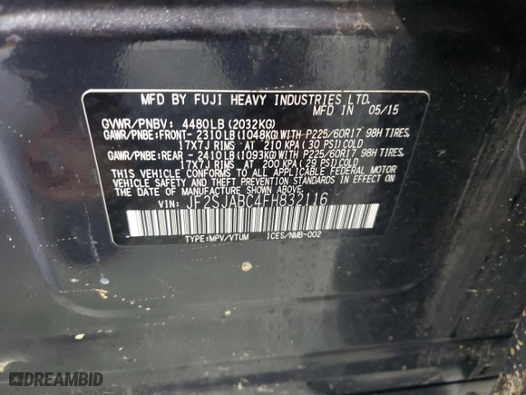 2015 Subaru Forester 2.5i with VIN JF2SJABC4FH832116, listed as a Copart auction lot 52788795 with 130,668 mi miles and Salvage Title. Bid and sale history available at carsss.com. Image 15.