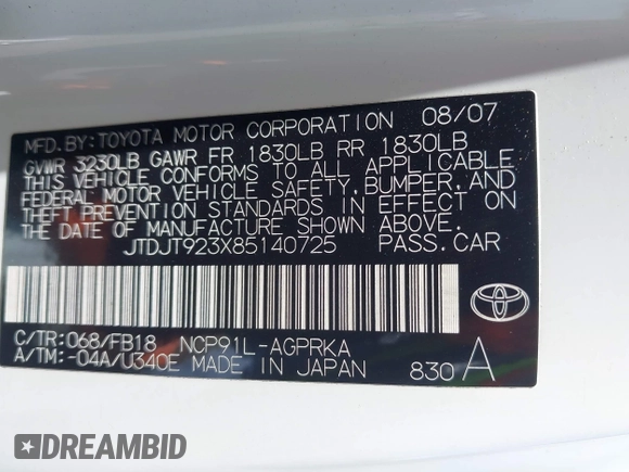 2008 Toyota Yaris with VIN JTDJT923X85140725, listed as a IAAI auction lot 42555401 with 226,449 mi miles and . Bid and sale history available at DreamBid. Image 9.