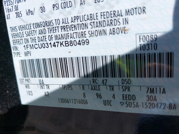 2007 Ford Escape XLT with VIN 1FMCU03147KB80499, listed as a IAAI auction lot 41897541 with 190,743 mi miles. Bid and sale history available at carsss.com. Image 9.