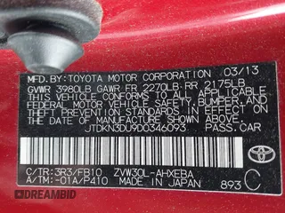 2013 Toyota Prius One with VIN JTDKN3DU9D0346093, listed as a IAAI auction lot 42022273 with 165,731 mi miles and . Bid and sale history available at DreamBid. Image 9.