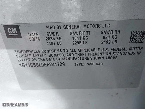 2014 Chevrolet Malibu LT with VIN 1G11C5SL9EF241729, listed as a IAAI auction lot 41863346 with 160,010 mi miles. Bid and sale history available at carsss.com. Image 9.