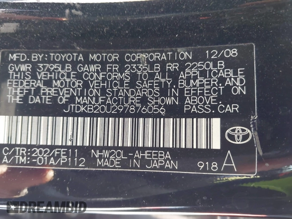 2009 Toyota Prius with VIN JTDKB20U297876056, listed as a IAAI auction lot 42145738 with Not Provided miles. Bid and sale history available at carsss.com. Image 9.