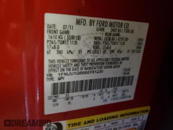 2011 Ford Expedition XL with VIN 1FMJU1G56BEF51230, listed as a Copart auction lot 48035475 with 250,823 mi miles and Non repairable. Bid and sale history available at DreamBid. Image 13.