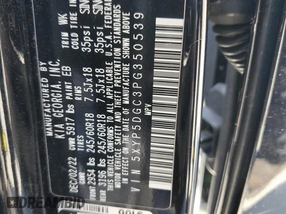 2023 Kia Telluride SX X-Pro with VIN 5XYP5DGC3PG350539, listed as a Copart auction lot 67594324 with 38,272 mi miles and Salvage title. Bid and sale history available at DreamBid. Image 16.
